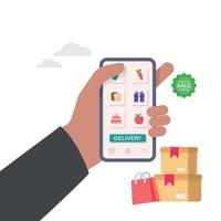 servicio de entrega de compras de comestibles en línea. pedidos en línea de alimentos, entrega de comestibles, ilustración de comercio electrónico. vector