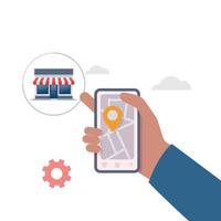 Hand holding mobile with application search grocery store. Find closest on city map illustration. vector