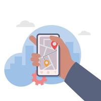 Hand holding smart phone with location tracker mobile application illustration. vector