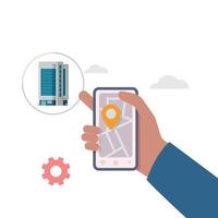 Hand holding mobile with application search hotel. Find closest on city map illustration. vector