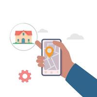 Hand holding mobile with application search house. Find closest on city map illustration. vector