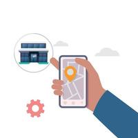 Hand holding mobile with application search Bank. Find closest on city map illustration. vector