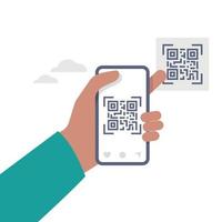 móvil de mano con código qr escaneado y pago en línea, tecnología de transferencia de dinero digital, ilustración de código de barras. vector