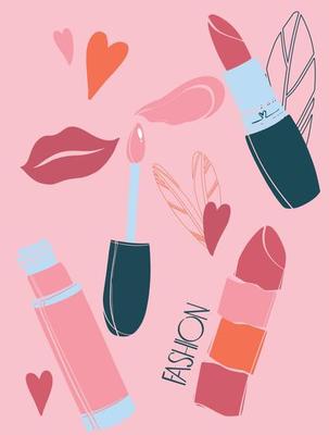 Beautiful flat lay collection with red lipstick on pink background. A set  of cosmetics for lips. cosmetic product. 11887289 Vector Art at Vecteezy