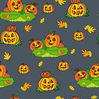 Seamless pattern of Halloween with Cute Pumpkins and grass vector