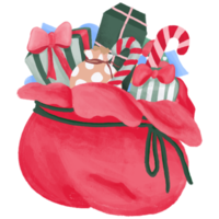 Hand Drawn Christmas bag filled with gift boxes in chalk style illustration png