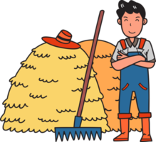 Hand Drawn A farmer stands next to a heap of straw illustration png