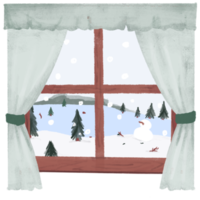 paisaje navideño dibujado a mano mirando a través de la ventana en una ilustración de estilo tiza png