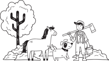 mano disegnato maschio contadino in piedi nel azienda agricola con cavallo e cane illustrazione png