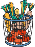 Hand Drawn Basket with fruits and vegetables inside illustration png