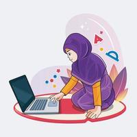 Hijab little girl is happy doing Online education vector illustration free download
