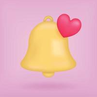 Notifications icon with pink heart. Yellow bell Icon heart. Realistic 3d object. Realistic creative conceptual symbol of notifications. Vector illustration