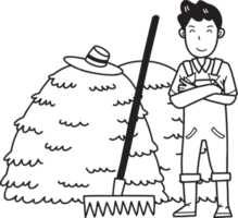 Hand Drawn A farmer stands next to a heap of straw illustration png