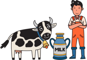 ilustração de vacas de ordenha de agricultor masculino desenhada de mão png