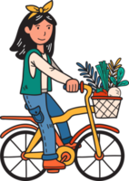mulher desenhada de mão andando de bicicleta com legumes e frutas em uma ilustração de cesta png
