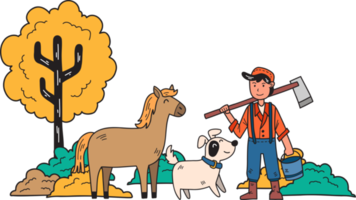 agriculteur dessiné à la main debout dans une ferme avec illustration de cheval et de chien png