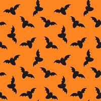 Seamless pattern with bats for halloween. Black flat silhouette elements on a orange background. Colorful vector illustration.