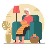 abuela tejiendo suéter en casa vector