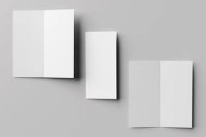 Blank bi-fold dl vertical brochure mockup isolated on soft gray background. 3D render illustration photo