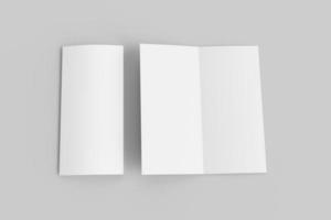 Blank bi-fold dl vertical brochure mockup isolated on soft gray background. 3D render illustration photo