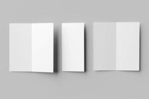 Blank bi-fold dl vertical brochure mockup isolated on soft gray background. 3D render illustration photo