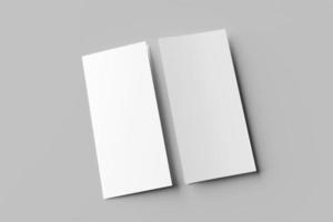 Blank bi-fold dl vertical brochure mockup isolated on soft gray background. 3D render illustration photo