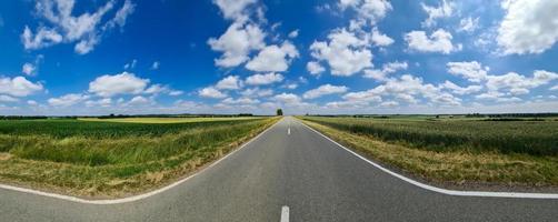 hermoso panorama de alta resolución de una carretera rural del norte de Europa con campos y hierba verde. foto