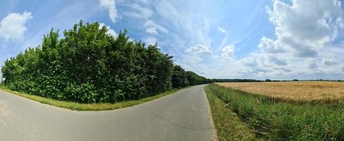 hermoso panorama de alta resolución de una carretera rural del norte de Europa con campos y hierba verde. foto