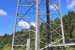 Electric antenna and communication transmitter tower in a northern european landscape against a blue sky photo