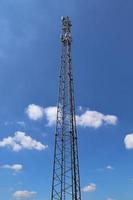 Antena eléctrica y torre transmisora de comunicaciones en un paisaje del norte de Europa contra un cielo azul foto