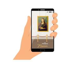 Online museum concept. A hand holding a cell phone with an app to visit a museum online isolated on a white background. Interactive museum exhibition. Vector illustration