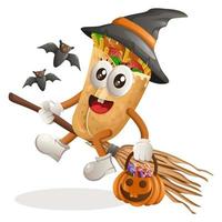 Cute burrito mascot witch with holding halloween pumpkin vector