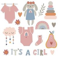 It's a girl. Boho baby clipart for baby shower invitation card, poster. Vector illustration