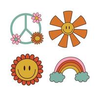 Set of hippie illustrations. 1970s style. Vector illustration