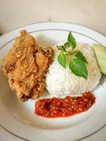 White rice served on a white plate with side dishes of fried chicken, sambal and cucumber photo