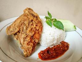 White rice served on a white plate with side dishes of fried chicken, sambal and cucumber photo