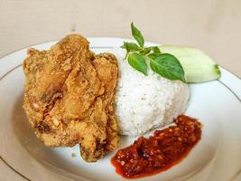 White rice served on a white plate with side dishes of fried chicken, sambal and cucumber photo