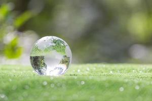 Globe planet glass In green forest with bokeh nature lights. world environment day. concept for environment conservation, protect ecology earth and environmental eco-friendly life with copy space photo