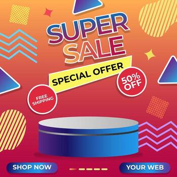 Super sale promo banner template with podium for product. Podium Super Sale poster design with discount offer on gradient background vector