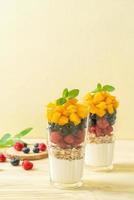 homemade mango, raspberry and blueberry with yogurt and granola photo