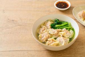 pork wonton soup or pork dumplings soup with vegetable photo