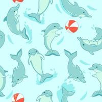 Seamless pattern with dolphins and balls. Vector graphics.