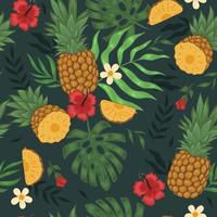 Seamless pattern with pineapples, flowers and leaves. Vector graphics.