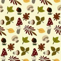 A pattern of leaves and mushrooms on a yellow background. Children's illustration. Funny mushrooms in the placer. Suitable for printing on paper and textiles. Book and kitchen illustration. vector