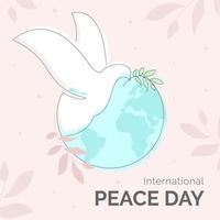 International Peace Day illustration in outline style for culture unity around the world. pigeon  with world and leaf pattern vector