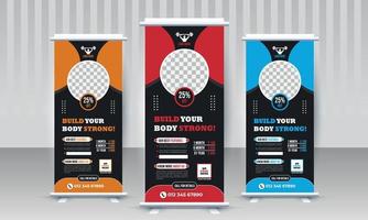 Build your body strong Fitness gym business standee x rollup banner design with three color variants orange red blue modern vector template