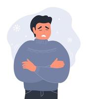 A guy in warm clothes can't keep warm in winter. A young man shivers from the cold, hugs himself with his hands. Vector graphics.