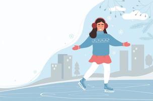 A girl skates on ice in winter in a warm sweater and mittens. Vector graphics.