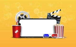 Blank smartphone with popcorn, film strip, clapperboard on yellow background, online streaming movie concept, vector iluustration