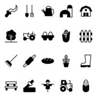Glyph icons for agriculture farming and gardening. vector